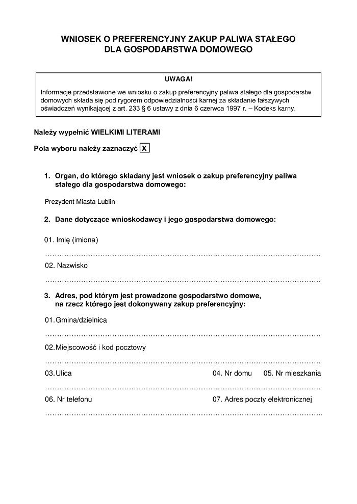 wniosek o zakup preferencyjny węgla wzór