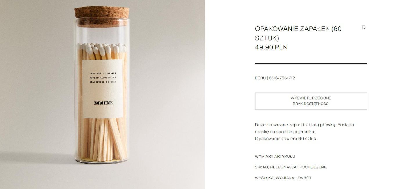 Zapałki Zara za 49,90 zł. 