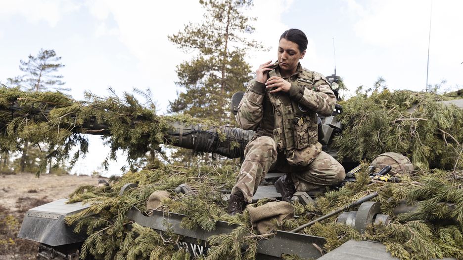 A British Army Challenger 2 main battle tank driver, during the Finnish Army Arrow 22 training exercise, with participating forces from the U.K., Latvia, U.S. and Estonia, in Niinisalo, Finland, on Wednesday, May 4, 2022. Swedes and Finns are increasingly in favor of joining the NATO defense bloc after Russia's invasion of Ukraine, adding pressure on the countries' leaders to change long-standing policies of military non-alignment. Photographer: Roni Rekomaa/Bloomberg via Getty Images