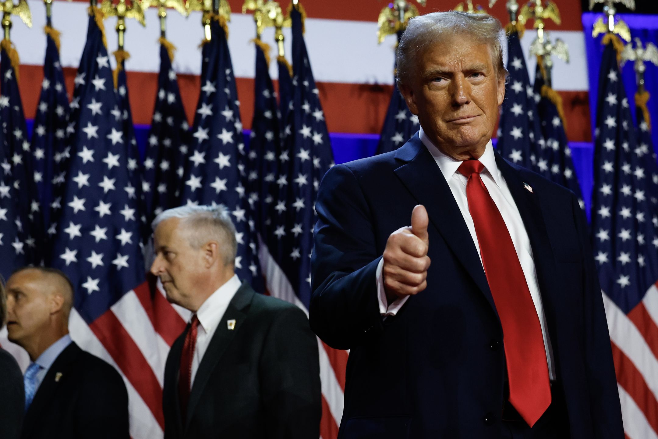 WEST PALM BEACH, FLORIDA - NOVEMBER 06:  Republican presidential nominee, former U.S. President Donald Trump arrives to speak during an election night event at the Palm Beach Convention Center on November 06, 2024 in West Palm Beach, Florida. Americans cast their ballots today in the presidential race between Republican nominee former President Donald Trump and Vice President Kamala Harris, as well as multiple state elections that will determine the balance of power in Congress.   (Photo by Chip Somodevilla/Getty Images)