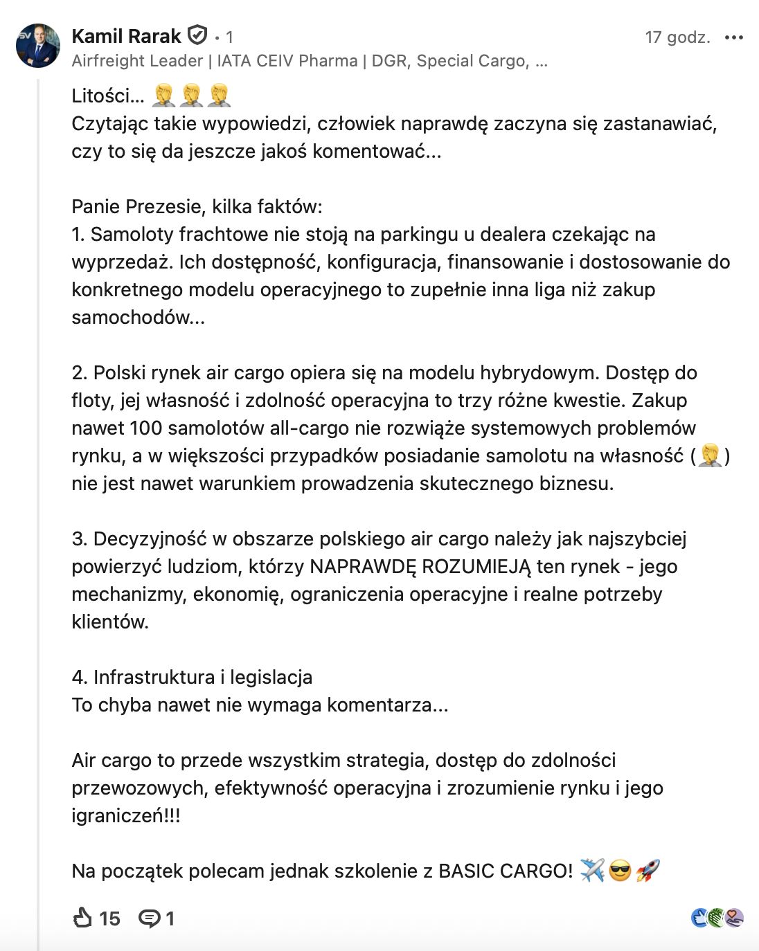 Wpis Kamila Raraka na platformie LinkedIn