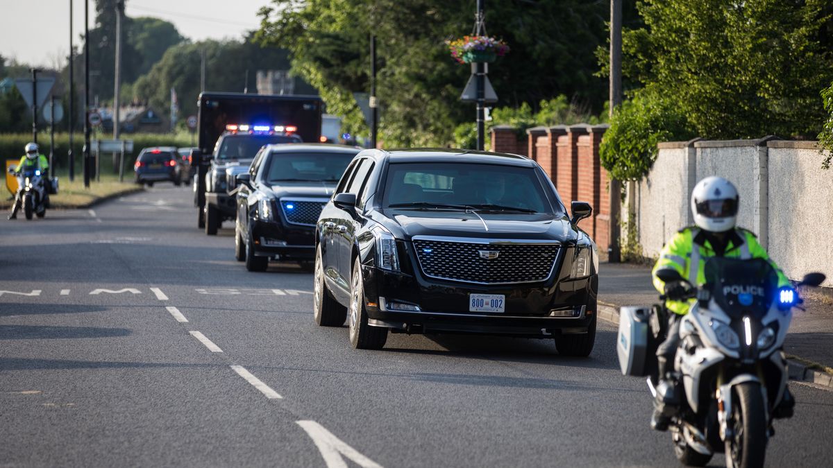 A cavalcade of vehicles led by the two Cadillacs known as the Beast leaves Windsor Castle following President Biden's visit on 13th June 2021 in Windsor, United Kingdom. President Biden and First Lady Jill Biden were welcomed by the Queen at Windsor Castle following the G7 summit with a Guard of Honour followed by afternoon tea. (photo by Mark Kerrison/In Pictures via Getty Images)