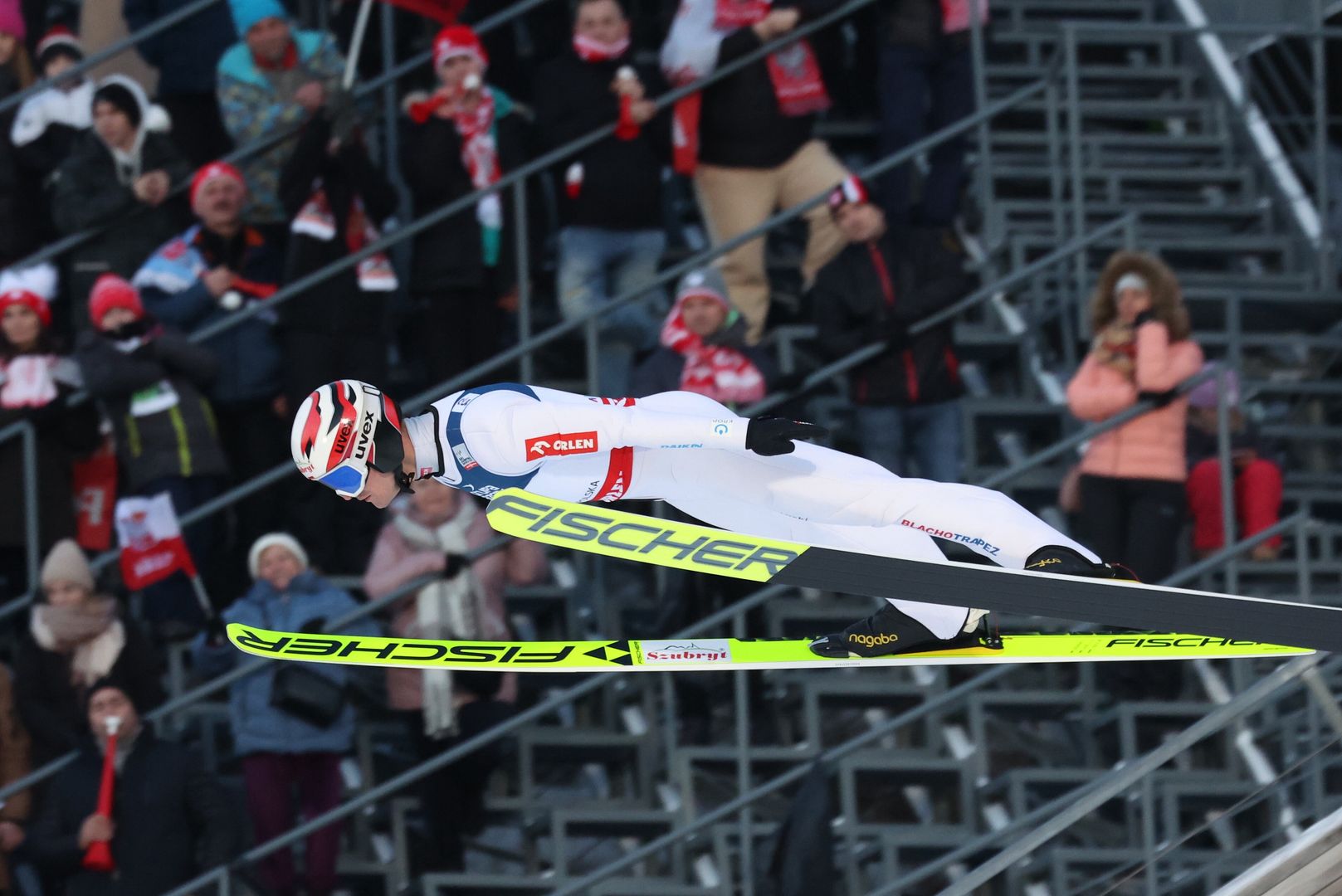 Zakopane, 21.01.2024. Polak Andrzej Stękała podczas zawodów Pucharu Świata w skokach narciarskich, 21 bm. w Zakopanem. (js) PAP/Grzegorz Momot