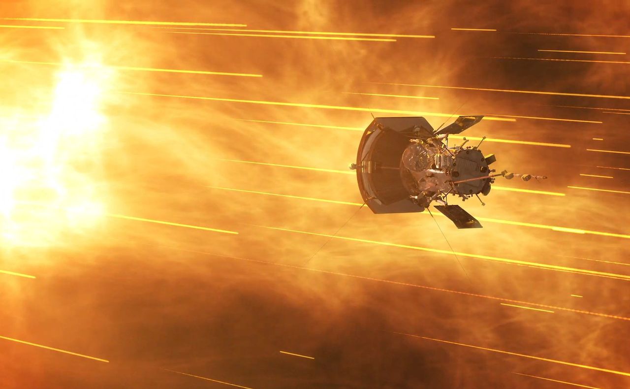 A visualization of the Parker Solar Probe in the solar corona.