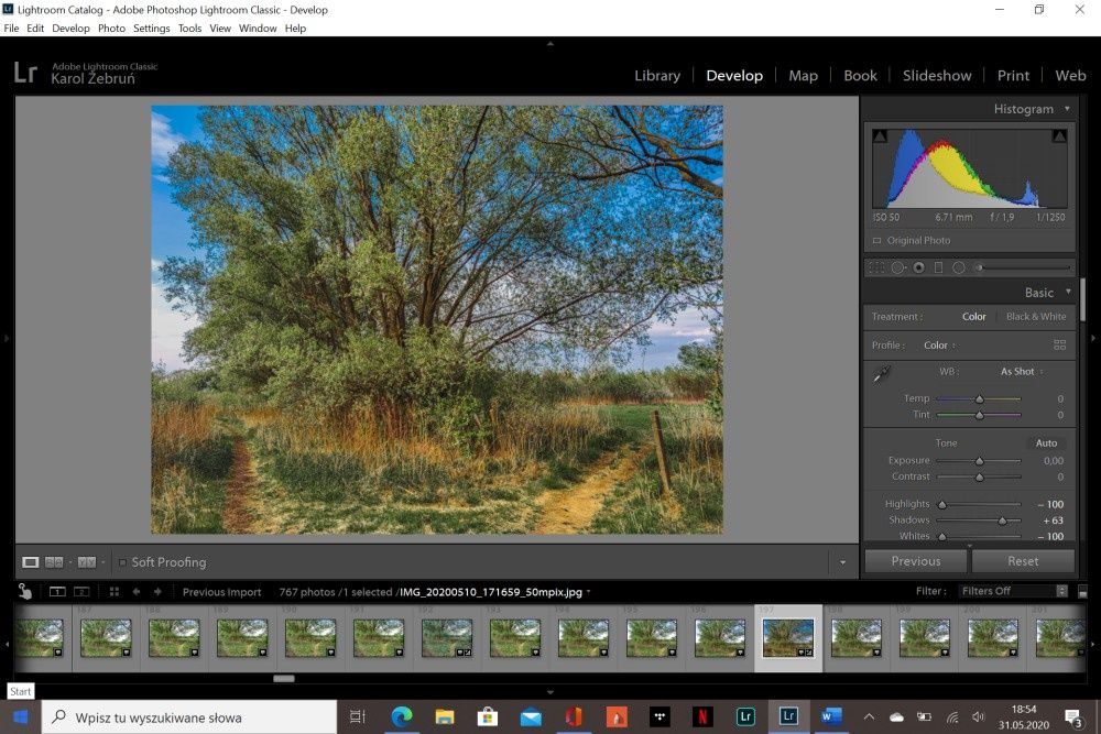 Adobe Lightroom interfejs Surface Go 2