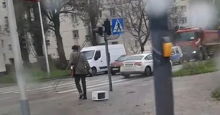 Dobrze się przypatrz! Tak. Wyszedł na spacer z mikrofalówką
