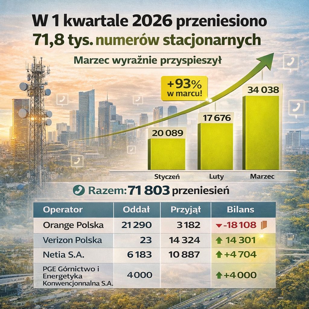 W I kwartale 2026 przeniesiono 71,8 tys. numerów stacjonarnych. Marzec wyraźnie przyspieszył