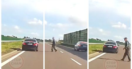 Szokujące nagranie z drogi. Starszy pan z laską wyszedł na ekspresówkę