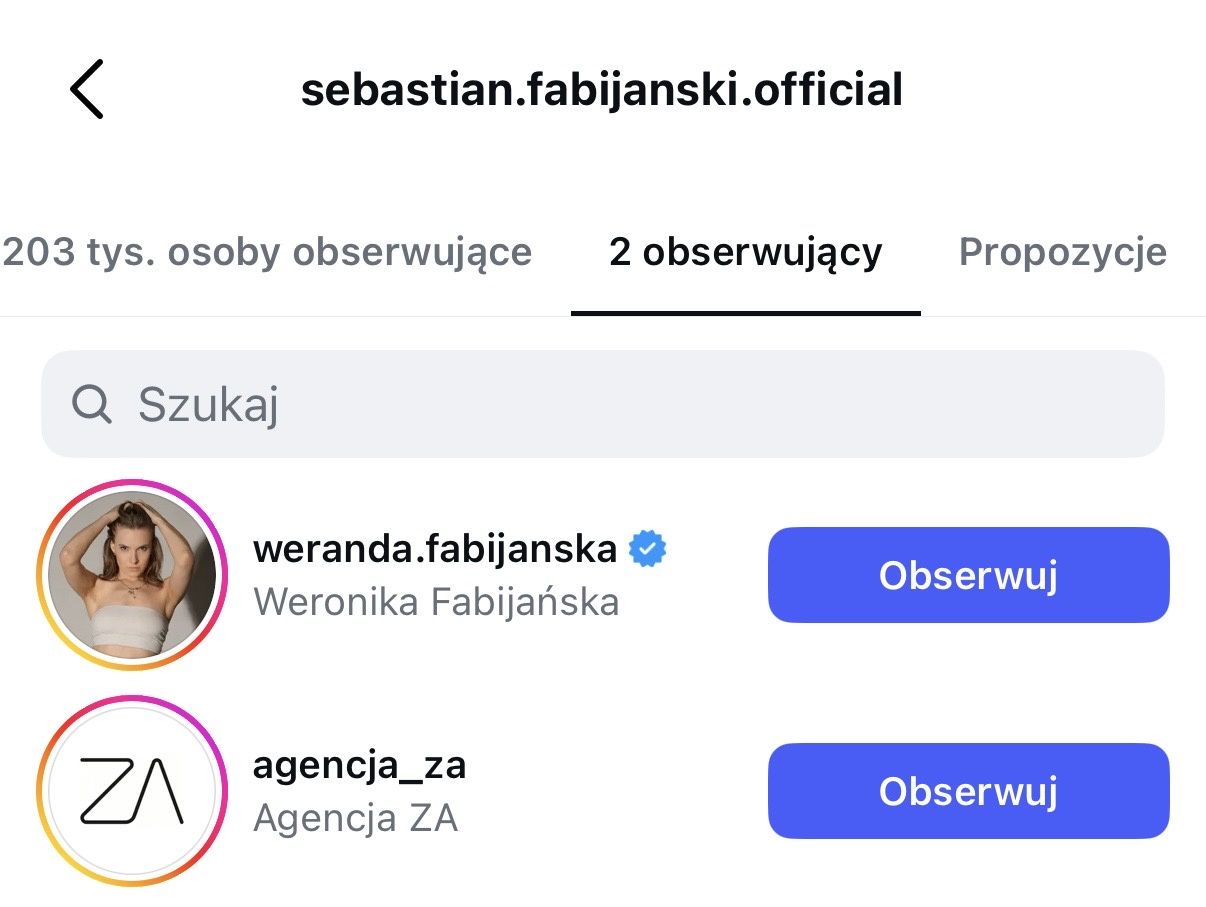 Sebastian Fabijański odobserwował Julię Suryś na Instagramie