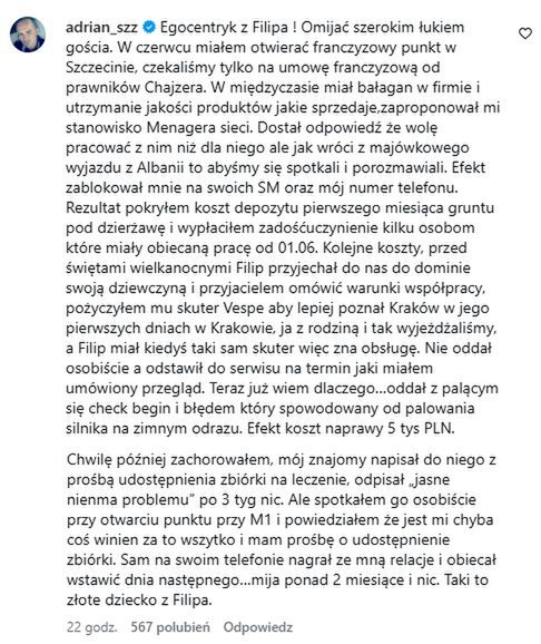 Wpis Adriana Szymaniaka na Instagramie