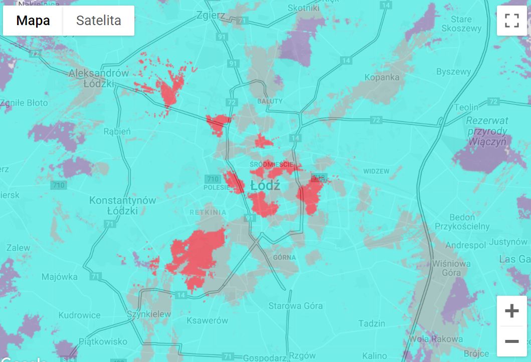 Zasięg sieci 5G Plusa w Łodzi