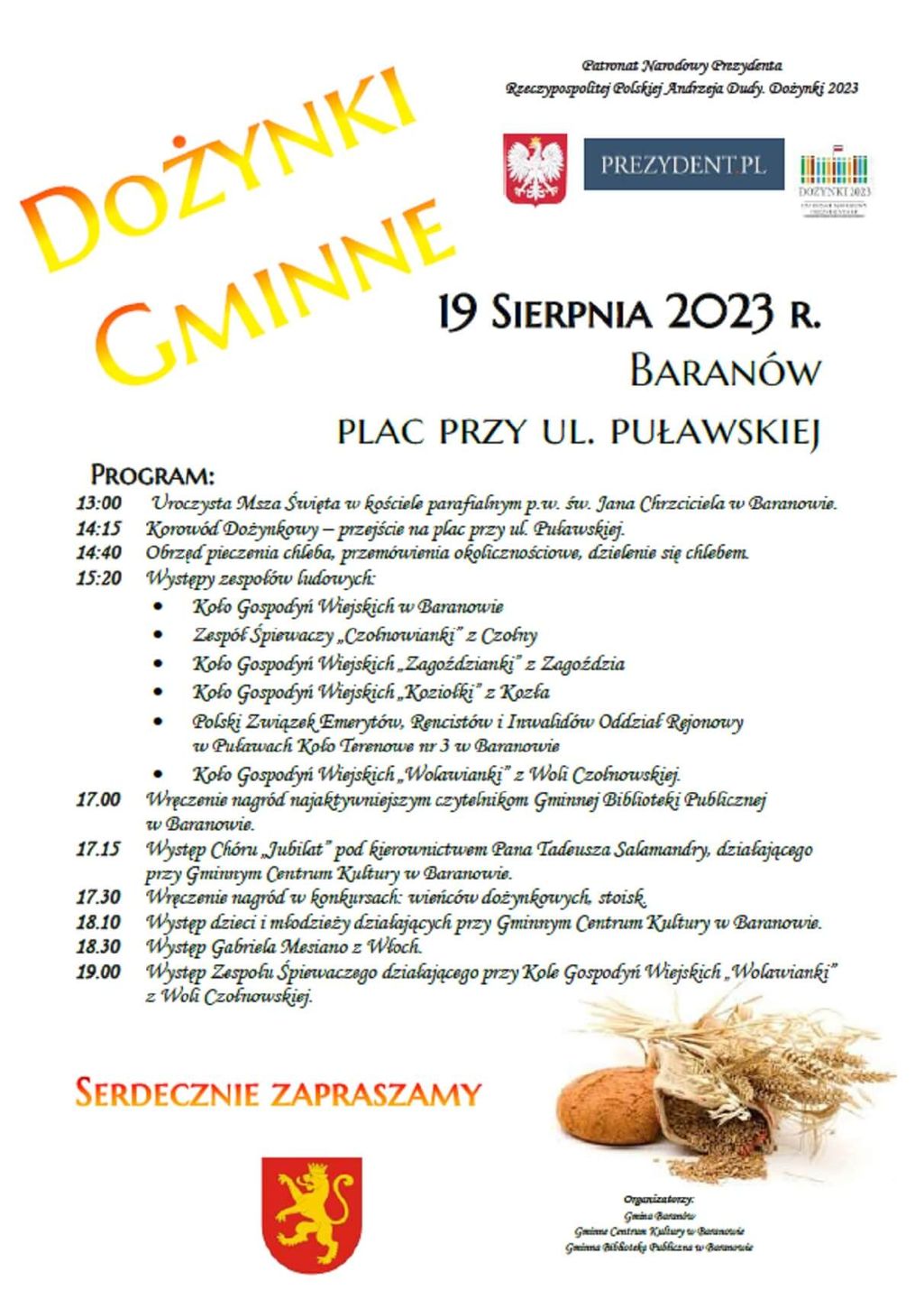 Dożynki w Baranowie 2023 - plakat, program wydarzenia