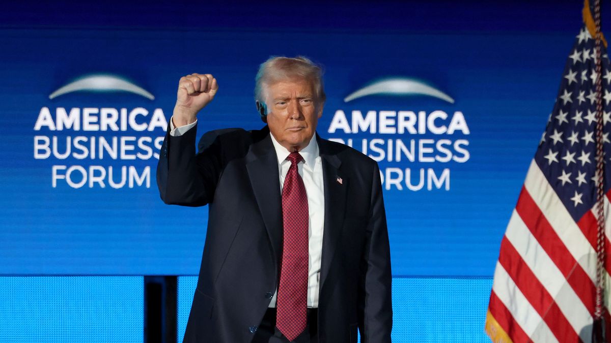 MIAMI, FLORIDA - NOVEMBER 05: President of the United States, Donald Trump, speaks onstage during day 1 of the America Business Forum at Kaseya Center on November 05, 2025 in Miami, Florida.  (Photo by Alexander Tamargo/Getty Images for America Business Forum)