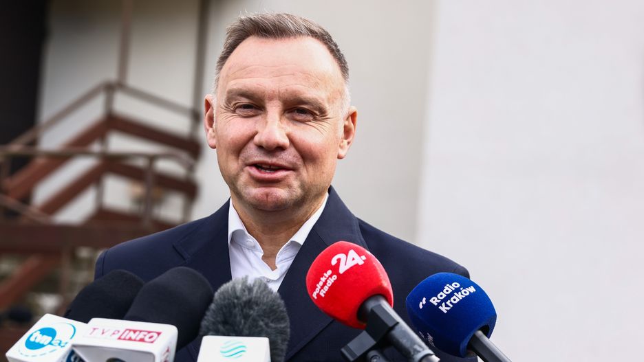 Andrzej Duda, the President of Poland, speaks to the media after taking a vote at a polling station in Polish parliamentary elections on October 15, 2023 in Krakow, Poland.  (Photo by Beata Zawrzel/NurPhoto via Getty Images)
