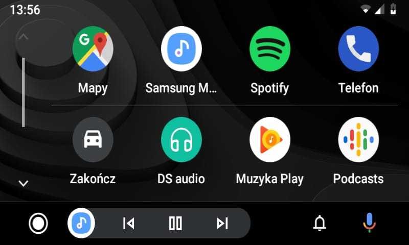 Samsung Music w menu głównym Androida Auto w samochodzie.