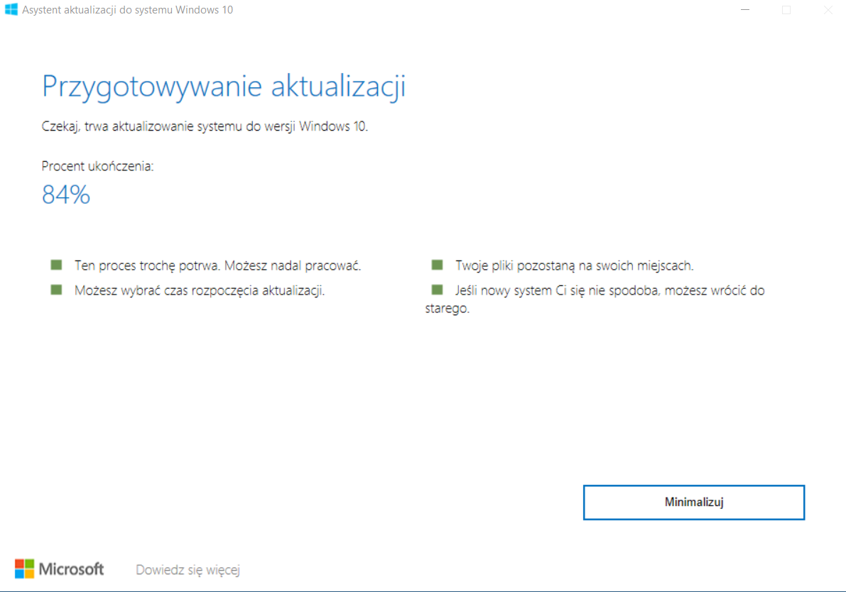 Przygotowywanie aktualizacji może zająć dłuższą chwilę i kończy się koniecznością ponownego uruchomienia komputera.