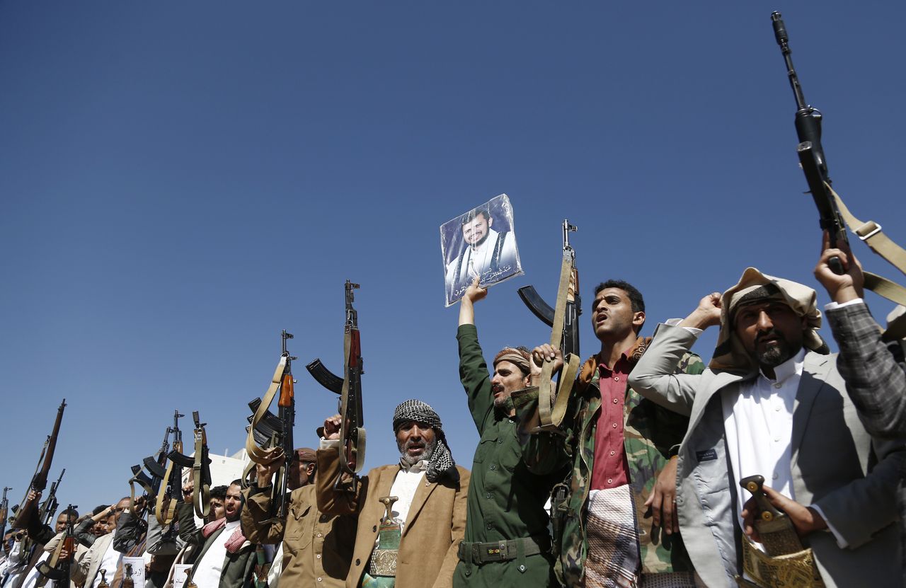 SANA'A, YEMEN - FEBRUARY 18: Yemen's Houthi followers chant slogans as they participate in a rally staged in solidarity with Palestinians amid the military escalating in the Red Sea on February 18, 2024, in Sana'a, Yemen. (Photo by Mohammed Hamoud/Getty Images)