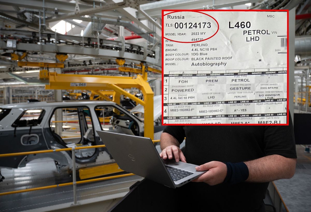 Polak pracujący w fabryce Land Rovera ujawnia, że firma realizuje zamówienia dla klientów z Rosji. Na zdjęciu fabryka i dokument auta informujący o przeznaczeniu na rynek rosyjski