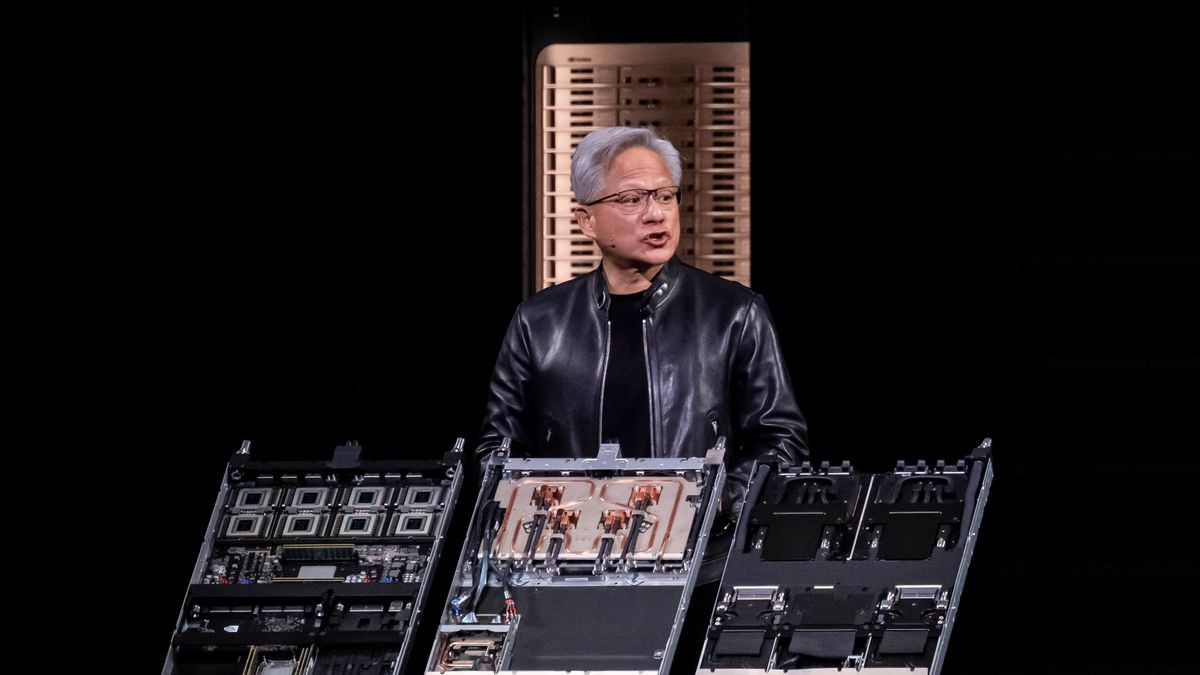 Jensen Huang, chief executive officer of Nvidia Corp., speaks during a keynote address at the Nvidia GTC conference in San Jose, California, US, on Monday, March 16, 2026. Nvidia Corp., the company at the center of an explosive build-out of AI computing, expects to generate at least $1 trillion from its Blackwell and Rubin chips through the end of 2027. Photographer: David Paul Morris/Bloomberg via Getty Images