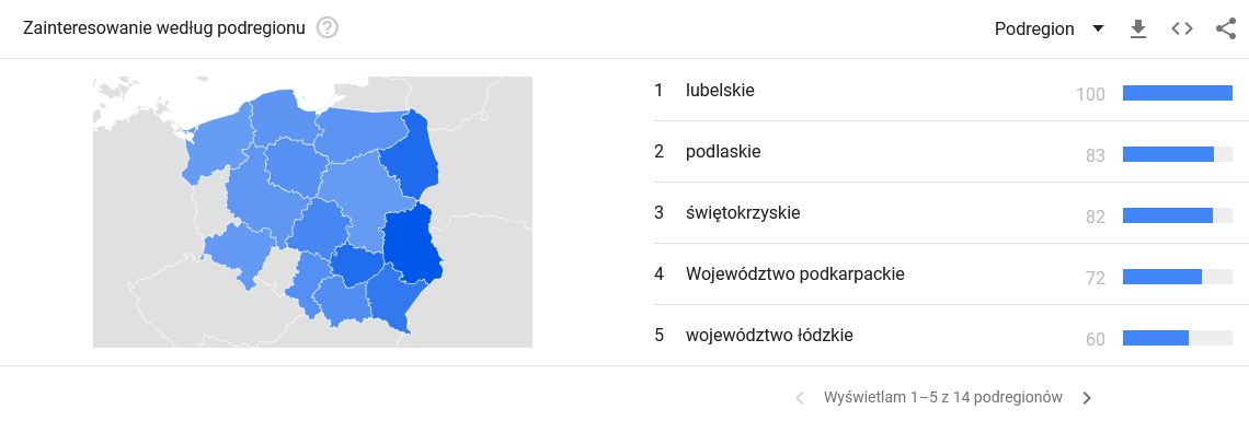 Matura z matematyki 2021. Wyszukiwania hasła "ośmiokąt foremny" w poszczególnych województwach