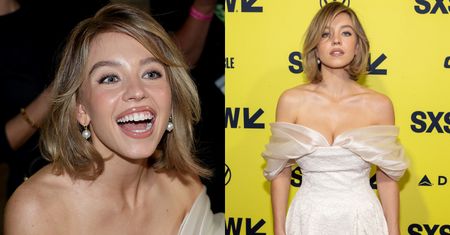 Sydney Sweeney w kreacji na pannę młodą. Do sukni "ślubnej" dobrała KORONKOWE POŃCZOCHY (ZDJĘCIA)