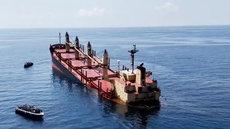 INTERNATIONAL WATERS RED SEA, YEMEN - MARCH 2: (EDITORS NOTE: Best quality available) In this handout screen grab captured from a video provided by Al-Joumhouriah channel, shows the British cargo ship "Rubymar" sinking after it was targeted by Yemen's Houthi forces in the Red Sea, on March 2, 2024, in the Red Sea, Yemen. (Photo by Al-Joumhouriah channel via Getty Images)Mohammed Hamoudbritish cargo, rubymar cargo