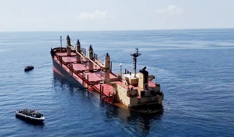British cargo ship "Rubymar" sinking in the Red Sea after being attacked by Yemeni Houthi fighters.