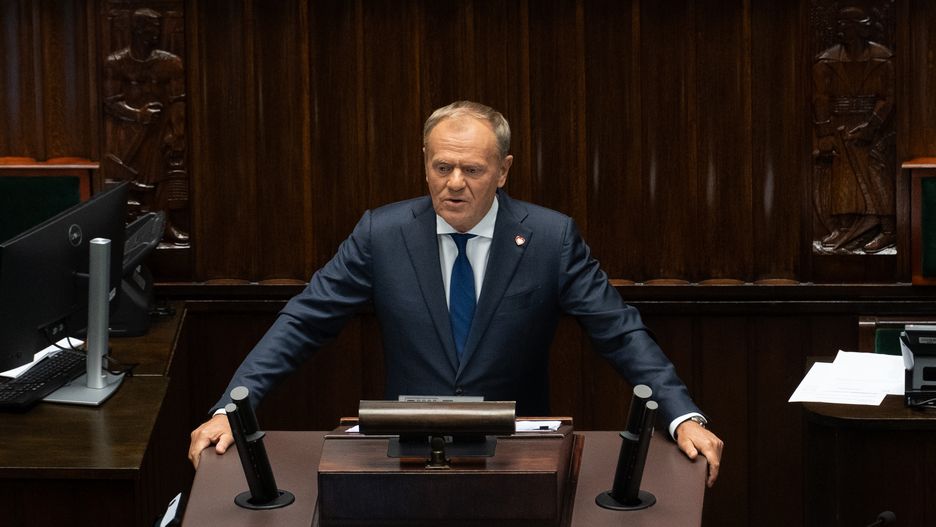 WARSAW, POLAND - 2025/06/11: Donald Tusk, Poland's prime minister, speaks in Parliament ahead of a vote of confidence. During the 36th session of the Polish Sejm, Prime Minister Donald Tusk outlines his government's program in a policy address, followed by a parliamentary debate ahead of the vote of confidence in his administration. (Photo by Marek Antoni Iwanczuk/SOPA Images/LightRocket via Getty Images)