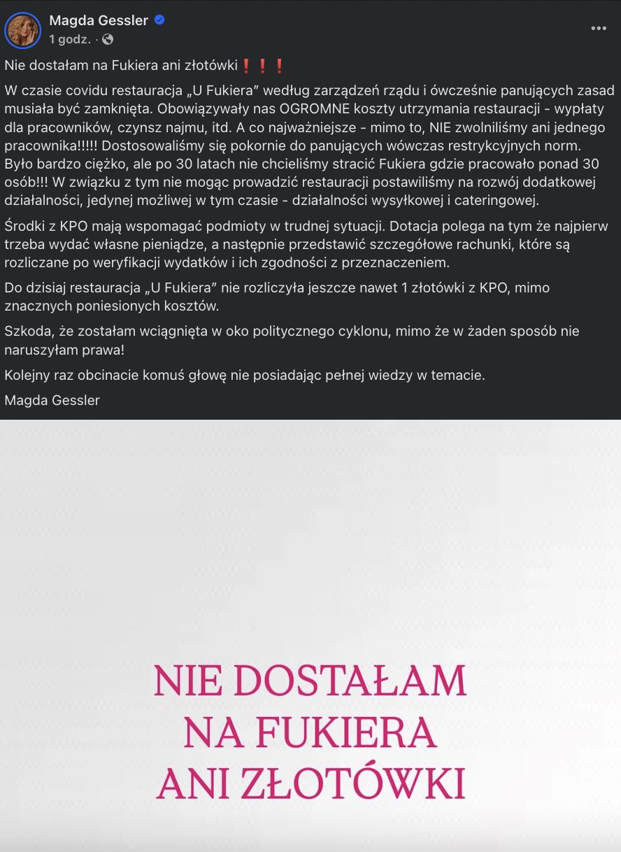 Magda Gessler wydała oświadczenie w sprawie środków z KPO
