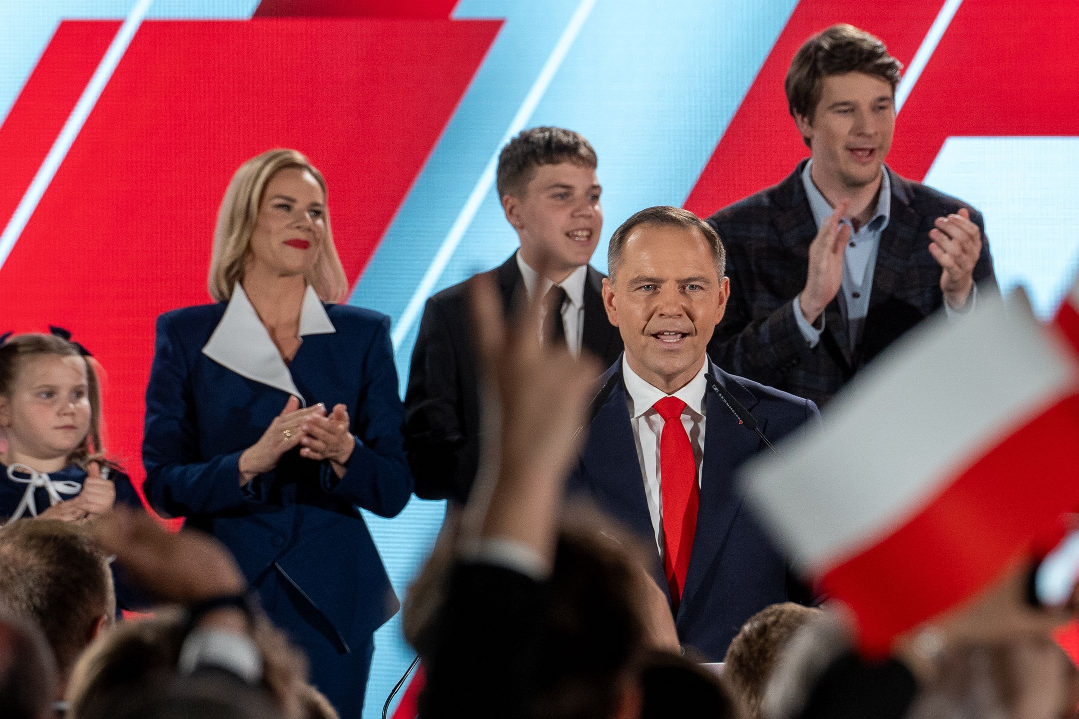 WARSAW, POLAND - 2025/06/01: Karol Nawrocki, presidential candidate of the Law and Justice Party (PiS), speaks to supporters following the Polish presidential runoff election. Today's election is a closely contested race between PiS candidate Karol Nawrocki and Rafal Trzaskowski, the liberal mayor of Warsaw who is supported by Prime Minister Donald Tusk. The election is seen as a test of whether the government, with its centrist parliamentary coalition, can overcome the right-wing populism embodied by PiS. (Photo by Marek Antoni Iwaczuk/SOPA Images/LightRocket via Getty Images)
