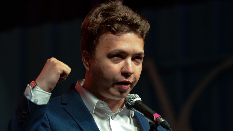 Roman Protasevich addresses the crowd next to a famous Gdansk's Shipyard Gate number 2 on August 31, 2020 during 'Free Poland To Free Belarus' support rally to express the solidarity with Belarusians people (FILE PICTURE).Belarusian authorities forced a Ryanair plane flying from Greece to Lithuania to land in Minsk. Oppositionist Roman Protasewicz, who was arrested, was on board.On Sunday, May 23, 2021 in Dublin, Ireland. (Photo by Artur Widak/NurPhoto via Getty Images)
