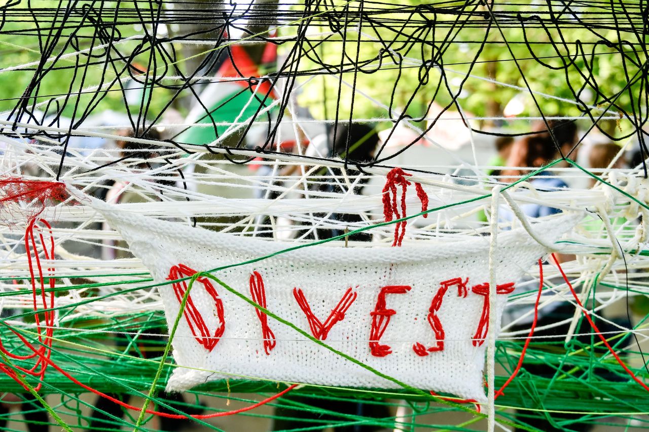 ANN ARBOR, MICHIGAN - MAY 15: Activists create an art installation honoring the Palestinians killed in Gaza as students and community members gather for a rally at the pro-Palestinian encampment on the campus of the University of Michigan during the commemoration of the 76th anniversary of Nakba Day in Ann Arbor, Michigan, United States on May 15, 2024. (Photo by Adam J. Dewey/Anadolu via Getty Images)