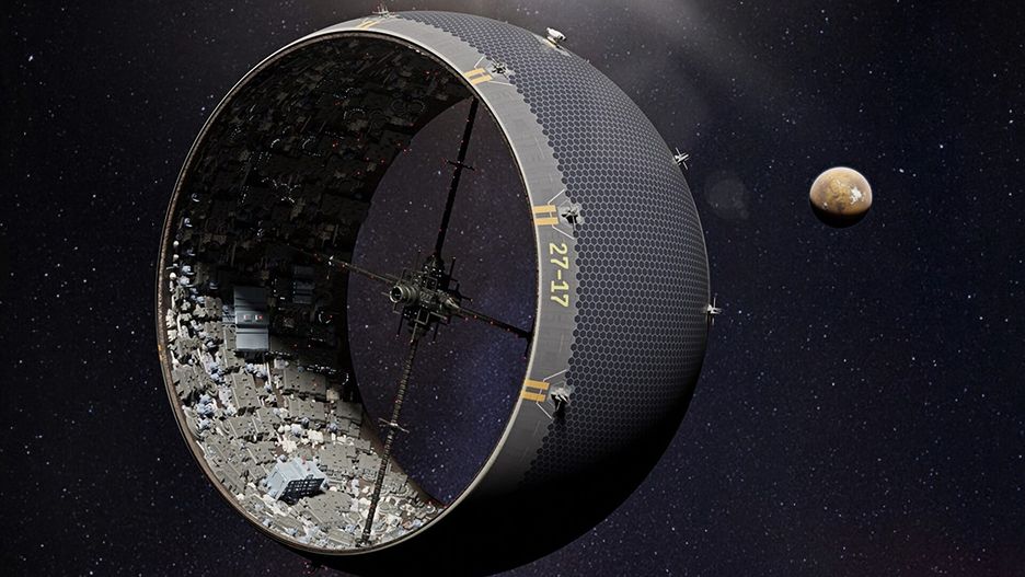 Ilustracja pokazująca potencjalny wygląd miasta w asteroidzie