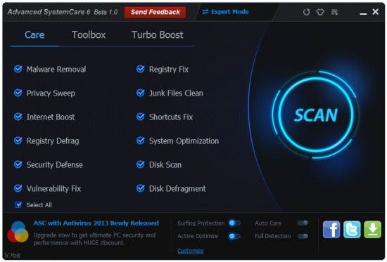 advanced systemcare 6 free wygląd optymalizacja toolbox turboboos windows 8