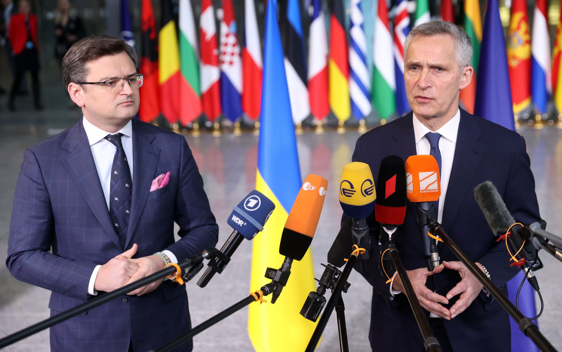 BRUSSELS, BELGIUM - APRIL 07: Ukraine's Foreign Minister Dmytro Kuleba (L) and NATO Secretary General Jens Stoltenberg give a press conference before a meeting of NATO foreign ministers at NATO headquarters, in Brussels, on April 7, 2022. (Photo by Dursun Aydemir/Anadolu Agency via Getty Images)