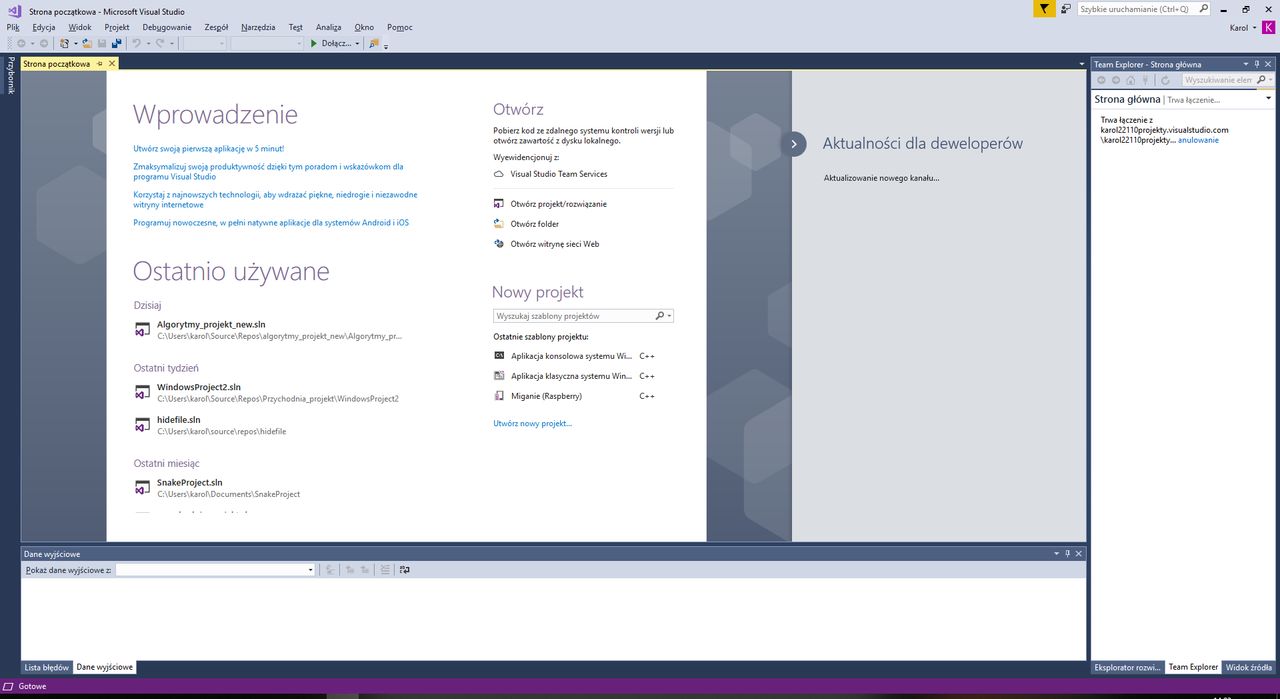 Główny ekran Visual Studio