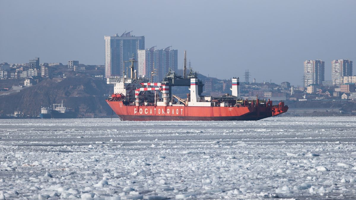 VLADIVOSTOK, RUSSIA  JANUARY 10, 2022: The Sevmorput nuclear-powered cargo ship in the Eastern Bosphorus Strait. On November 2, 2021, the ship carrying cargo for the Rooppur nuclear power plant (Bangladesh) left St Petersburg for the port of Vladivostok. On November 22, 2021, the container carrier reached the port of Nakhodka and delivered 1,4 tonnes of cargo for further transportation to Bangladesh. The Sevmorput is powered by a KLT-40 nuclear fission reactor and can move through up to 1m thick ice. Yuri Smityuk/TASS (Photo by Yuri Smityuk\TASS via Getty Images)
