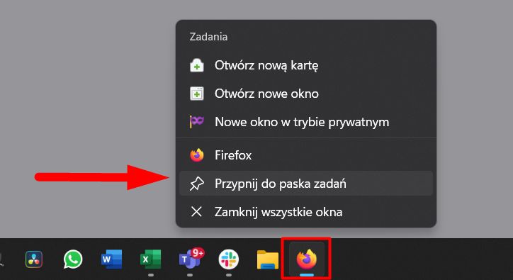 Dodawanie skrótu do paska zadań w Windows 11