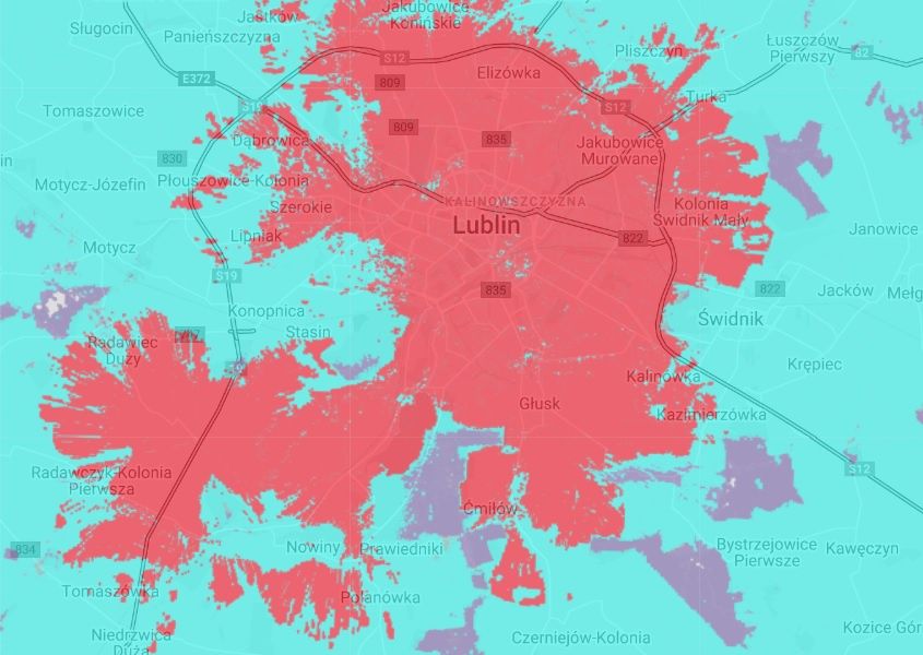 Mapa zasięgu 5G sieci Plus w Lublinie