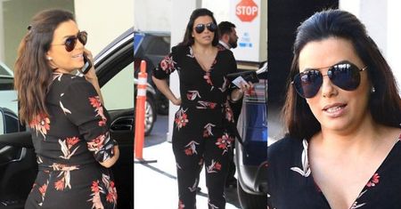 Ciężarna Eva Longoria w obcisłym kombinezonie