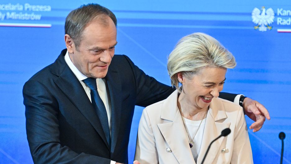 WARSAW, POLAND - FEBRUARY 23: Poland's Prime Minister, Donald Tusk (L) and the EU Commission President, Ursula von der Leyen (R) after the press statement at the Prime Minister Chancellery on February 23, 2024 in Warsaw, Poland. (Photo by Omar Marques/Anadolu via Getty Images)