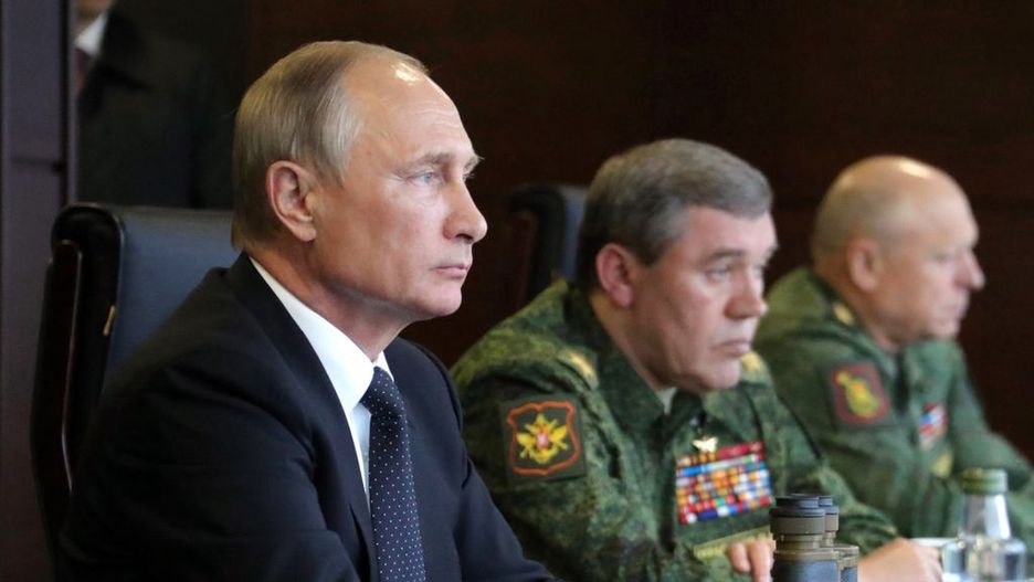 President Putin attends Zapad 2017 military drill
LENINGRAD REGION, RUSSIA - SEPTEMBER 18 : (----EDITORIAL USE ONLY  MANDATORY CREDIT - "MIKHAIL KLIMENTYEV / RUSSIAN PRESIDENTIAL PRESS AND INFORMATION OFFICE / HANDOUT" - NO MARKETING NO ADVERTISING CAMPAIGNS - DISTRIBUTED AS A SERVICE TO CLIENTS----) Russia's Defense Minister Sergei Shoigu (not seen), Russia's President Vladimir Putin (L) and Russia's First Deputy Defense Minister, Chief of the General Staff of the Russian Armed Forces Valery Gerasimov (C) attend the main stage of Zapad 2017, joint Russian and Belarusian military exercises, at Luzhsky range in Leningrad Region of Russia on September 18, 2017. (Photo by Mikhail Klimentyev / Russian Presidential Press and Information Office / Handout/Anadolu Agency/Getty Images)
Anadolu Agency
Russia, military exercise, defense, diplomacy, 2017, army, Russian, Defence, Drill, armed forces, military practice