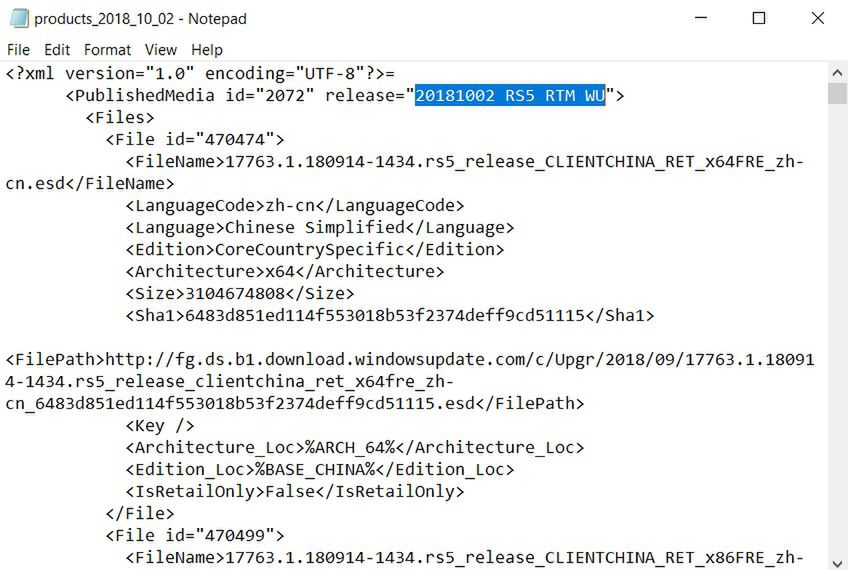 Fragment pliku XML wskazujący na datę premiery październikowej aktualizacji Windowsa 10, źródło: Windows Latest.