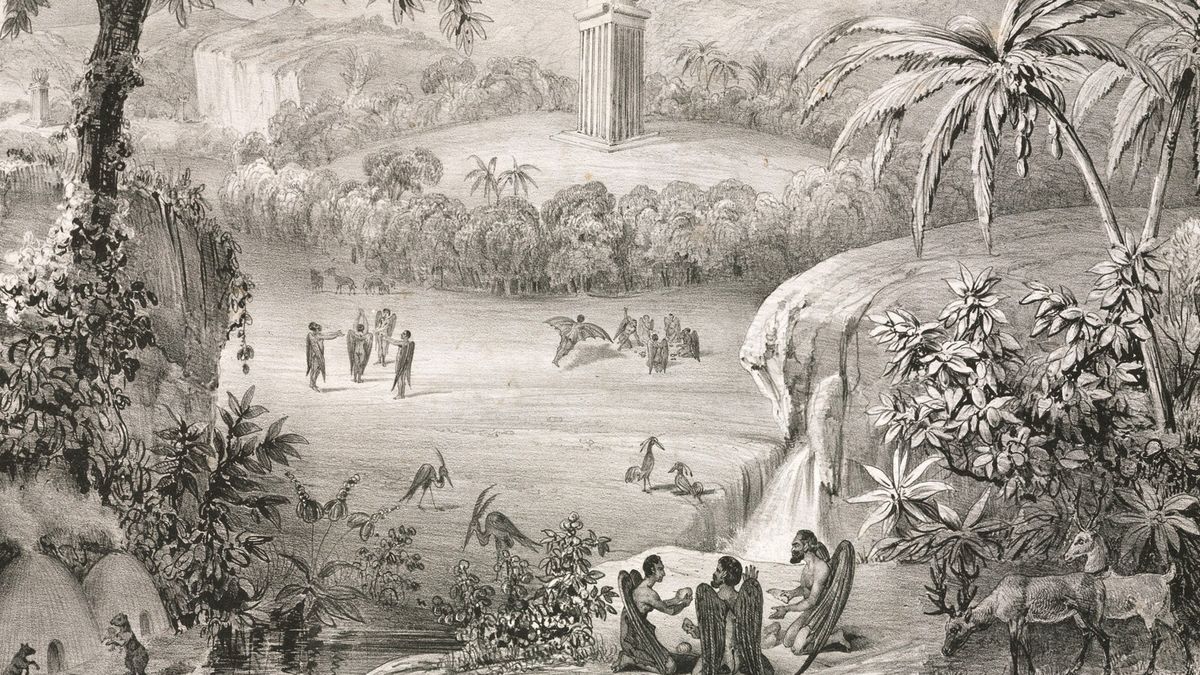 Litografia z 1835 r. przedstawiające rzekome życie na Księżycu.