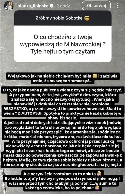 9 sierpnia 2025 roku Blanka Lipińska wyjaśniła sytuację