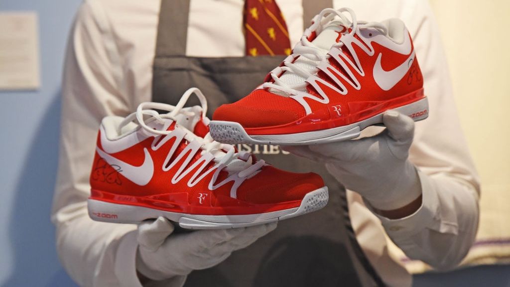 "The Roger Federer Collection" Auction At Christies London - Photocall
LONDON, ENGLAND - JUNE 21: A pair of training shoes worn by Roger Federer on display during "The Roger Federer Collection" auction photocall at Christies on June 21, 2021 in London, England. (Photo by Stuart C. Wilson/Getty Images)
Stuart C. Wilson