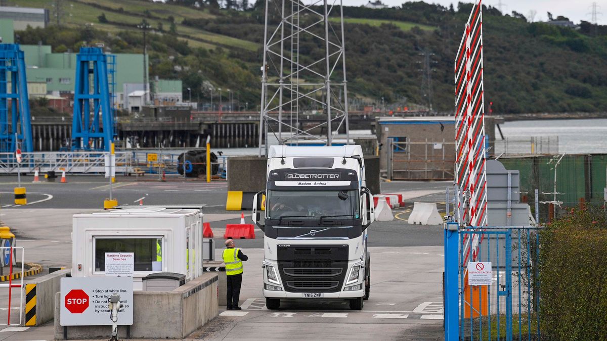 A truck departing from Larne Port in Larne, Northern Ireland, U.K., on Tuesday, Oct. 12, 2021. The U.K. and the European Union are preparing for a fresh clash over Brexit this week, with both sides set to unveil major policy proposals related to Northern Ireland. Photographer: Mark Marlow/Bloomberg via Getty Images
