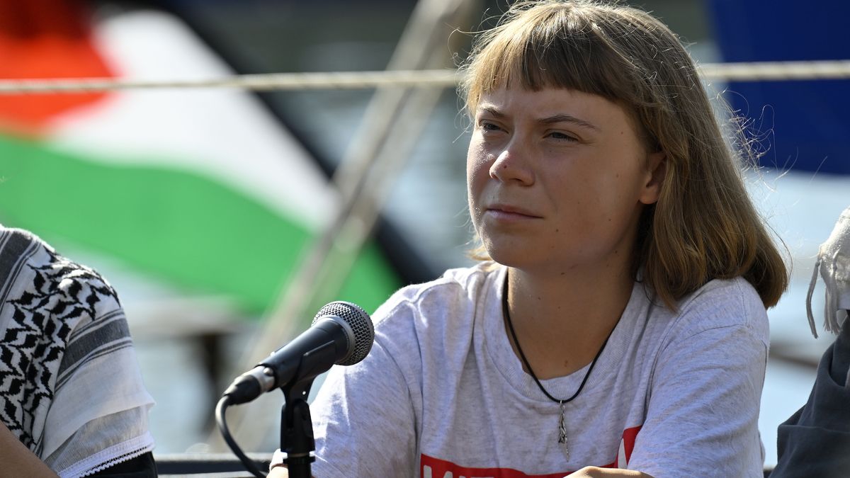 BARCELONA, SPAIN - AUGUST 31: Swedish activist Greta Thunberg holds a press conference before the boats set off from the Barcelona port in Spain on August 31, 2025. The 'Global Sumud Flotilla' represents the largest civilian maritime mission organized to challenge Israel's illegal siege on Gaza. It unites grassroots organizers, doctors, artists, and solidarity activists from around the world responding to the ongoing genocide against the Palestinian people. (Photo by Burak Akbulut/Anadolu via Getty Images)