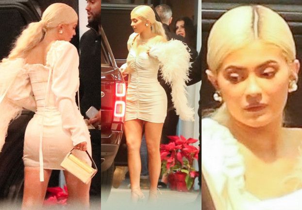 Seksowna Kylie Jenner w blond peruce eksponuje bujne kształty w obcisłej sukience