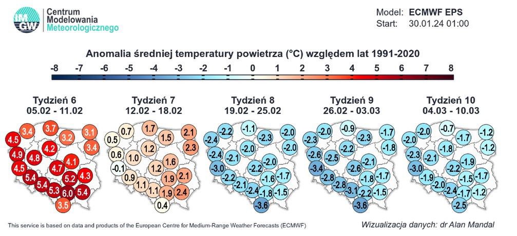 Pogoda luty 2024. Anomalia średniej tygodniowej temperatury z gwałtowną zmianą